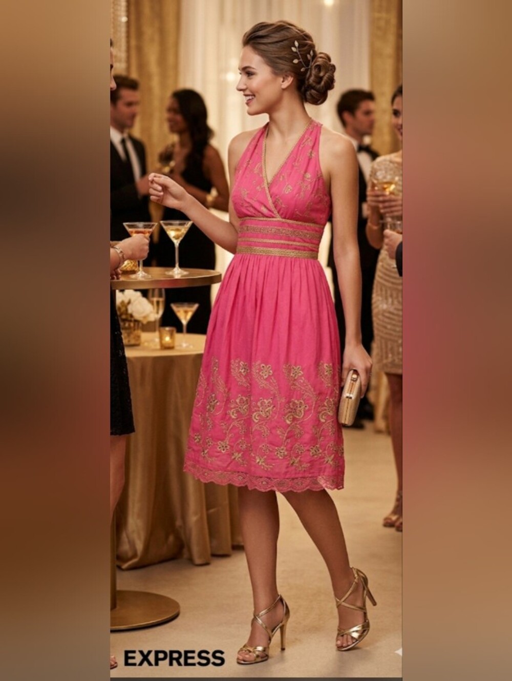 Express Coral Pink Midi Cotton Dress with Gold Embroidery!!!